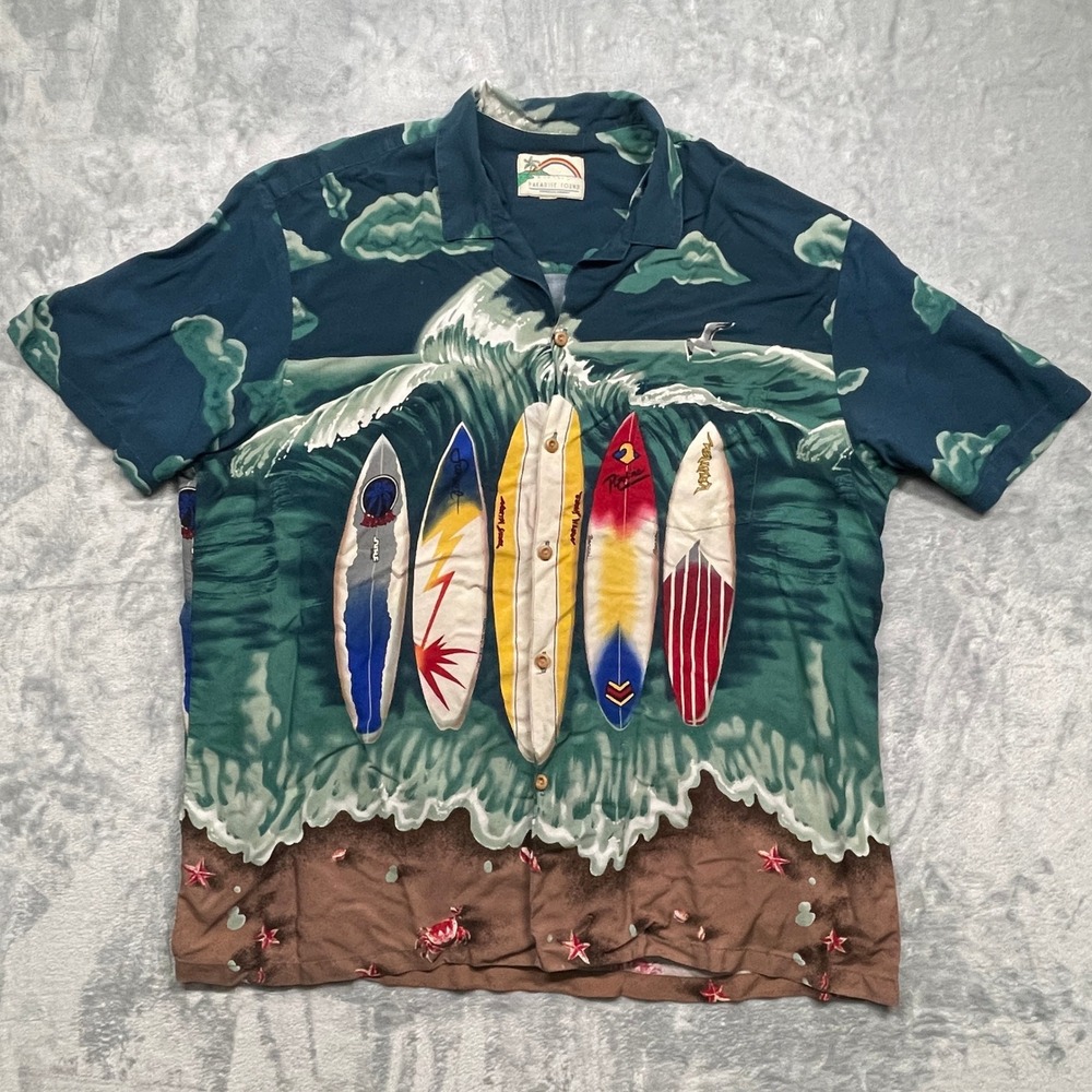 Paradise Found Hawaiian Shirt Mens XL Teal Surfboard Scenic Print Made in Hawaii